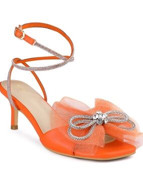 Perphy Rhinestone Bow Lace Up Rhinestone Strap Kitten Heel Sandals Orange US 7
